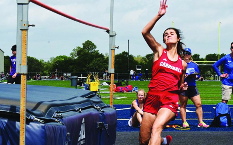 Ashlyn Pesek took first place in the high jump at 5 feet, 4 inches at the TAPPS 4-2A meet last week. Photo courtesy of Chuck Grafe/Hallettsville Tribune-Herald.
