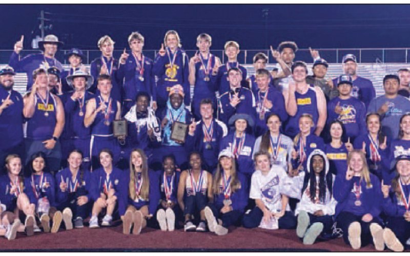 The Lady Comanche and Comanche varsity track teams each brought home the district championship at the district meet Friday in Ganado. Photo courtesy of Jodie Palmer.