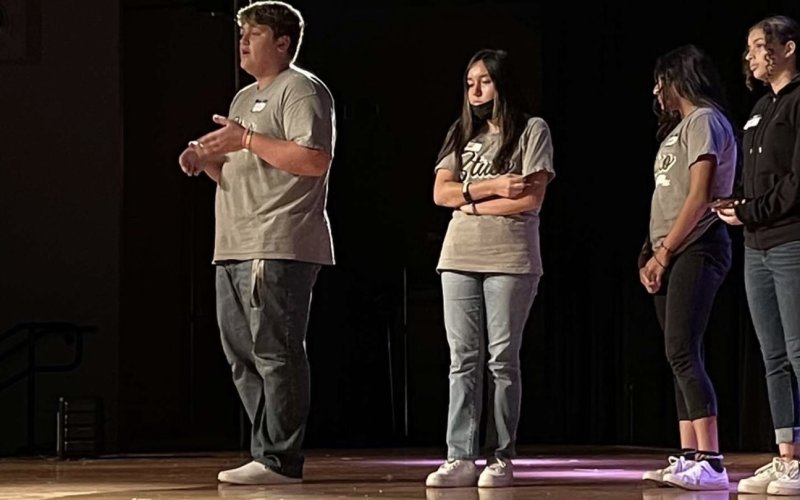 Jordan Ledlow speaks with fellow students on stage. Contributed Photo.