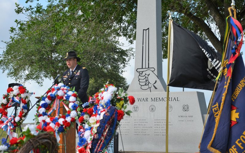 Matt Machacek speaks about local veterans who served their nation during Monday’s  Memorial Day Tribute in Shiner.