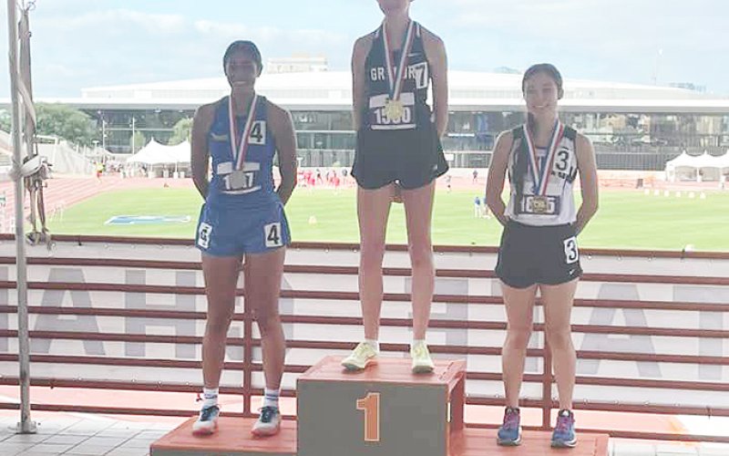 Estefania Colchado on the stand for the 3,200-meter run at the state meet on Saturday. Photo courtesy of Moulton ISD.