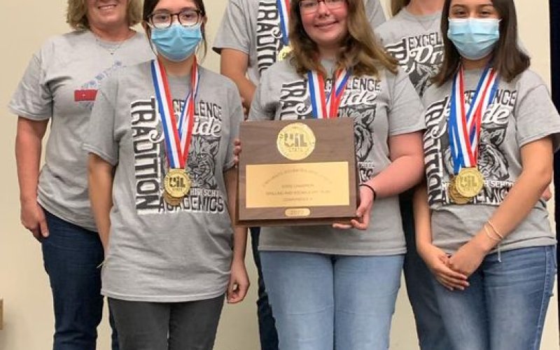 Moulton High School’s UIL Spelling Team, who returned to the UIL academics state finals round in Austin Saturday as the defending state champions among Class A Texas schools, did it again in 2022 at the UIL Academic state meet. Pictured are Julianna Buehring (gold medal among Texas top spellers), teammates Leslie Juarez and Angelica Manzano (third and fourth, individually) and Oscar Lugo, along with coaches Jamie Dornak and Heather Olivarez.