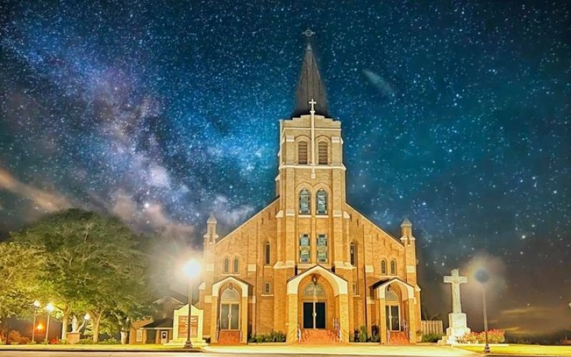 St. Joseph's Catholic Church at night in Moulton, as only few have seen it.
