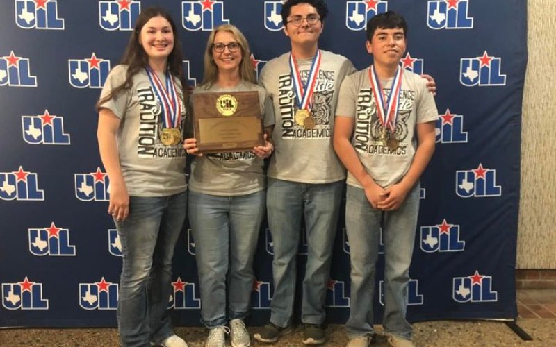 Moulton High School became the two-time, back-to-back Texas Class A State Champion Social Studies Team at the UIL Academics state meet held in Austin on Saturday, May 7.  Team leader Catherine Wenske, at left, was also a gold medalist in the event individually. She's pictured here with team coach Heather Olivarez and teammates Alex Tortoledo and Moises Manzano.