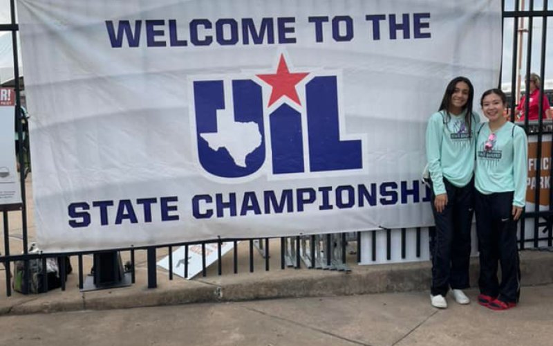 Aby Tinajero (right) and Estefania Colchado represented Moulton in Austin at the UIL state track meet. Photo courtesy of Moulton ISD.