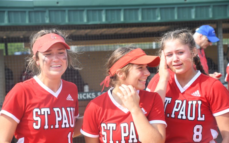 From left, Rayleigh Biehunko, Stefany Pokluda and Tori Walker have mixed reaction to their state championship. Photo by Mark Lube.