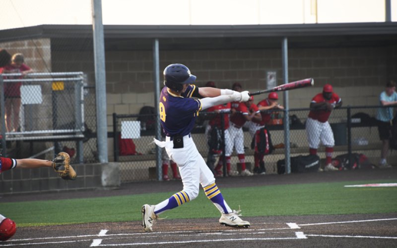 Shiner swung hard with 19 hits in the opener. Freshman Carson Schuette got two of those hits, two runs plated, a triple and brought in three runs. Photo by Mark Lube