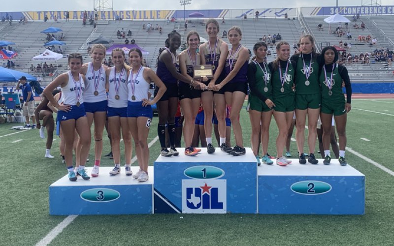 The IV-2A girls 400-relay champions. From left is Jaleah Curtis, Lauren Faldyn, Rylee Vancura and Brinley Ramirez. Photo courtesy of Kristi Peterson.