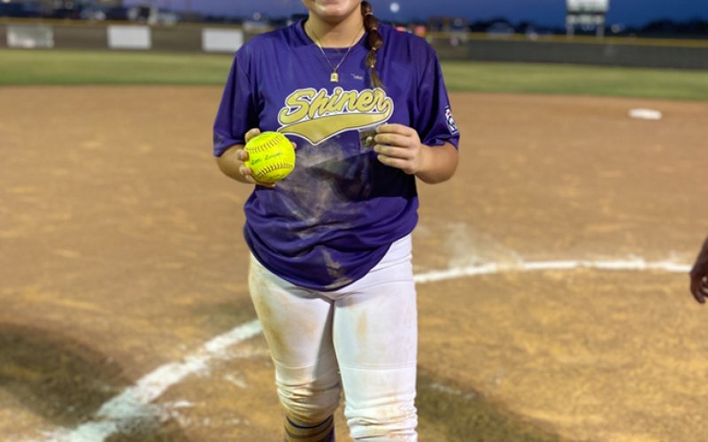Reagan Fluitt hit a home run in Shiner Junior softball team’s game against Cuero June 17 . Photo courtesy of Brenda Fluitt