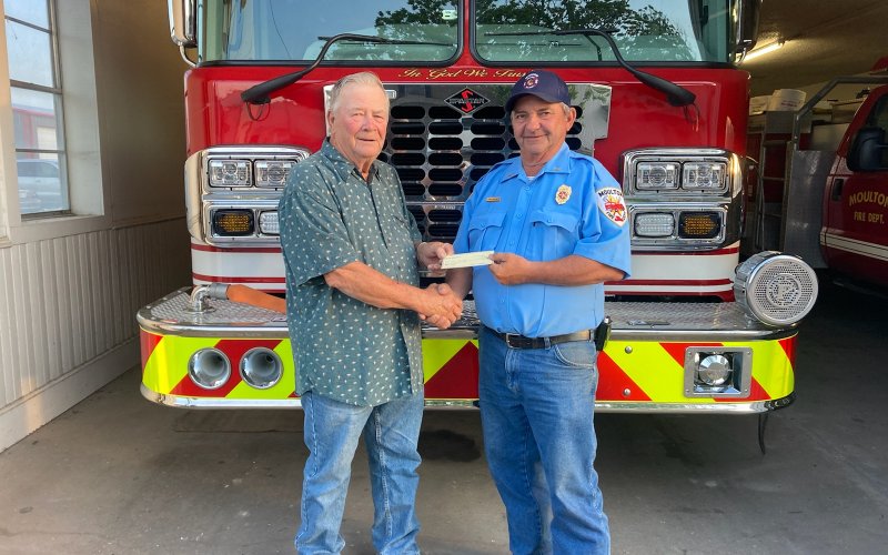 ​​​​​​​Elmer Michna with Moulton’s SPJST Lodge No. 184 recently passed along a financial contribution to Chief Tim Koncaba with the Moulton Volunteer Fire Department.