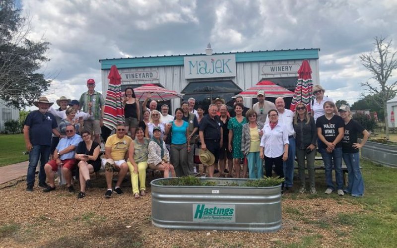 Majek Vineyard &amp; Winery staff gather for a photo with a special group of visitors last week, a group of Rotarians from France who stopped by as part of their Texas tour, ahead of this week’s International Rotary Club Convention in Houston.
