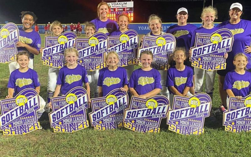 Shiner Minor softball finished runner up in the District 31 Tournament. Front row from left is Harper Patek, Max Collins, Pyper Neskora, Avery Colman, Addison Ulcak and Paytyn Molnoskey. Back row from left is Patricia Price, Bree Nitsch, Ally Trojcak, Coach Melissa, Eastyn Pohler, Charlotte Hairell, Coach Ashley, Kendyl Boehm and Coach Amanda.Not pictured Kenzie Springfield. Photo courtesy of Melissa Colman.