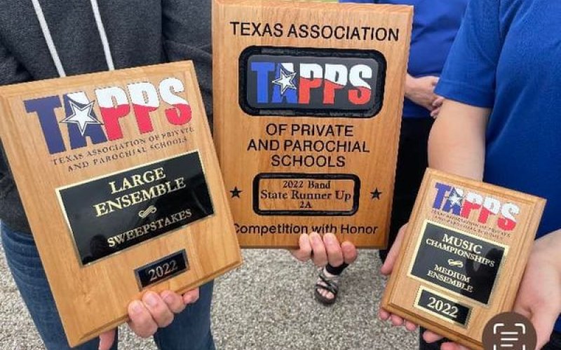 Some of the hardware that Sacred Heart got to bring home last school year under Jacob Heck's leadership.