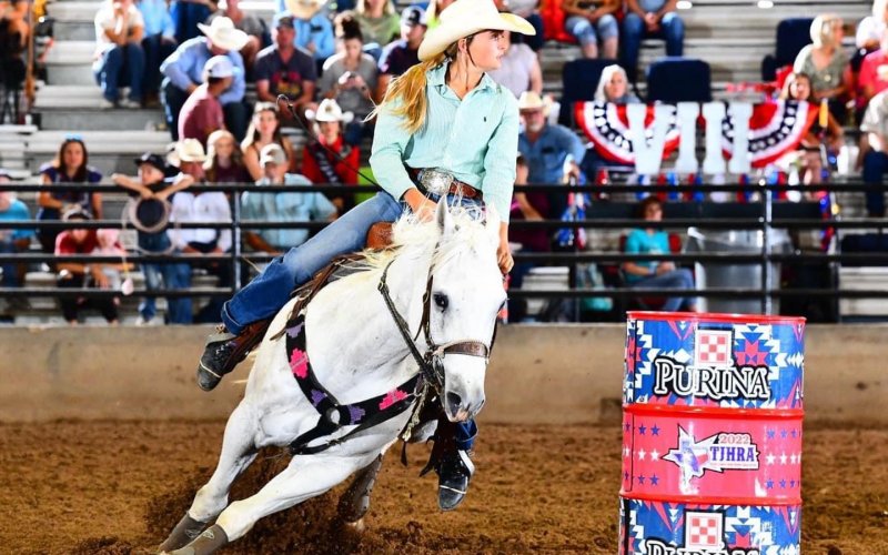 Audrey Thibodeaux also competes in many other events as well, including barrels (shown here), girls’ breakaway and girls’ goat tying.