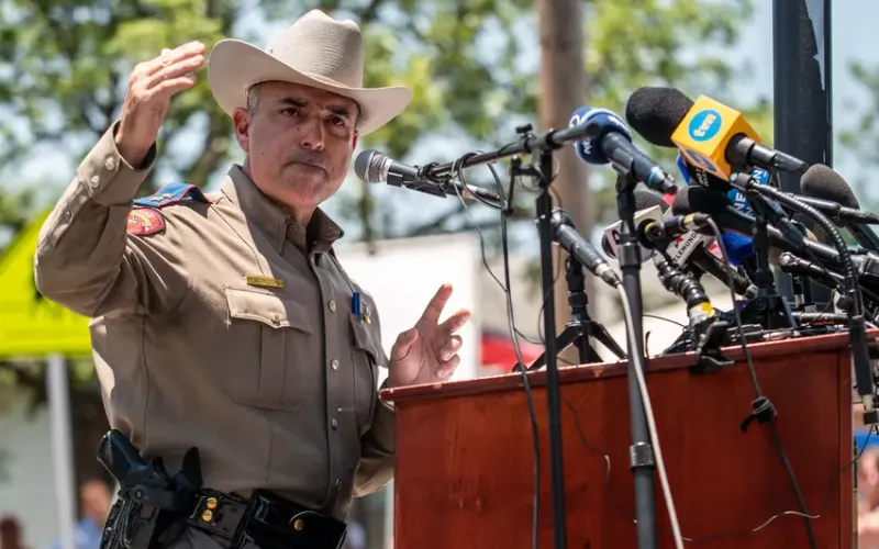 At a chaotic and confusing press conference on Thursday, May 26, 2022, Victor Escalon, an official with the Texas Department of Public Safety, offered additional details Thursday about the law enforcement response to a mass shooting at a Uvalde elementary school. Photo by Sergio Flores/The Texas Tribune