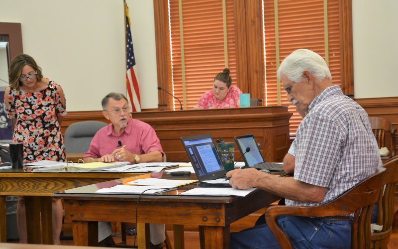 DeWitt County Auditor Carrie Rea and County Judge Daryl inspect budgeted expenditures during a discussion at the July 11 regular meeting. Photo by Hans Lammeman.