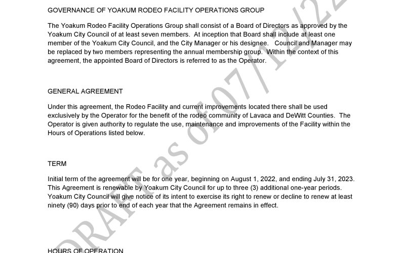 July 12 Yoakum Rodeo Arena Usage Draft Agreement Page 1
