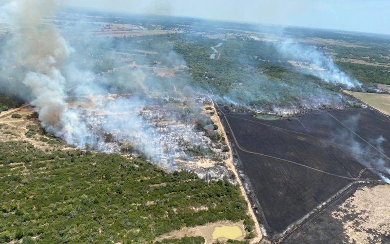 The Dry Rice Fire consumes dry land in Colorado County this week, contributing to 326 total acres impacted. Photo Courtest Shiner Fire Department Facebook.