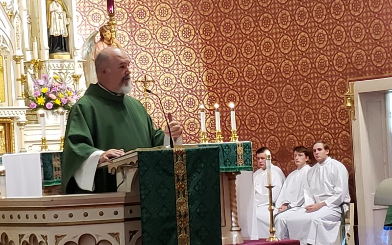 Father Bryan shares a few words on Shiner, its church and the fine spirit of sacrifice and service that the families who congregate here have known since the beginning, on this, the church’s 100th birthday (or, 101st now, a year later). Now is it just me, or are the statues back there listening in, too?