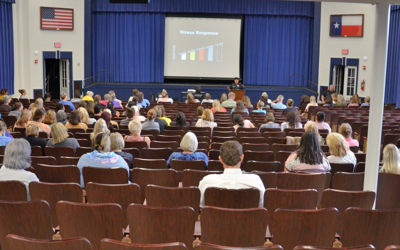 YISD teachers and staff attend the active attacker training at Yoakum High School Tuesday, Aug. 9.