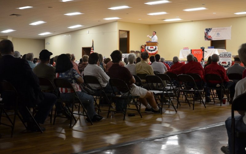 Congressman Michael Cloud addresses a crowd of more than 200 at the 2022 Save America Rally in the Yoakum Community Center Aug. 27.