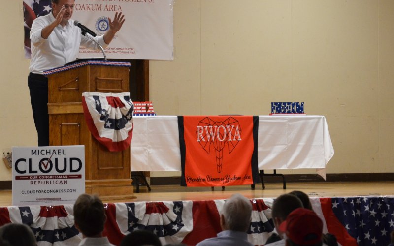 Congressman Michael Cloud speaks in Yoakum last Saturday. Photo by Hans Lammeman.