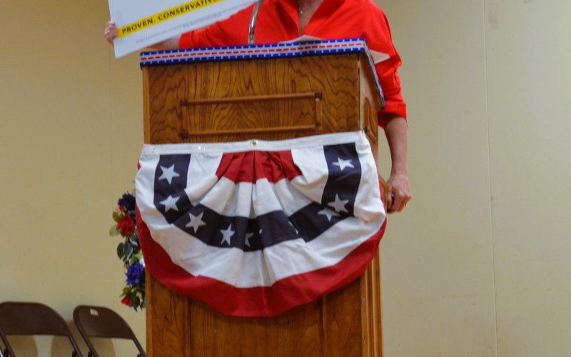 State Senator Lois Kolkhorst encourages the audience to bring campaign signs home Aug. 27. Photo by Hans Lammeman.