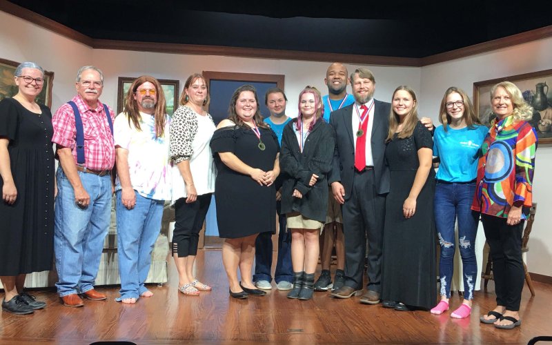 Pictured left to right, Mallory Volkmann, Craig Hughes, Steve Liberti, Sarah Liberti, Emmalee Donovan, Hail Westergren, Raelynn Griffith, Justin Donovan, Clement Sofka, Brianna Sofka, Grace Migl and Josh Kaspar. Not pictured are directors Vickie and Cody Westergren, Backstage Manager Janet Curie, understudy Jason Conley, understudy Michael Silgero and crew member Trinity Chilek..