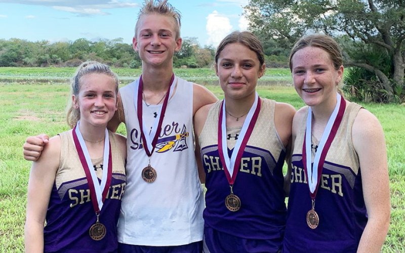 Shiner varsity CC medalists from Saturday’s Industrial meet. From left is  Hayleigh Bruns, Boe Boehm, Brinley Ramirez and Callie Chrismon. Photo courtesy of Michelle Winkenwerder.