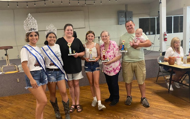 SECOND PLACE: Miss Moulton Kaylee Trejo, Junior Miss Valeria Pinedo, Lisa Self, Kaylynn Traylor, Allyne Chapman and Barton Braeuer.