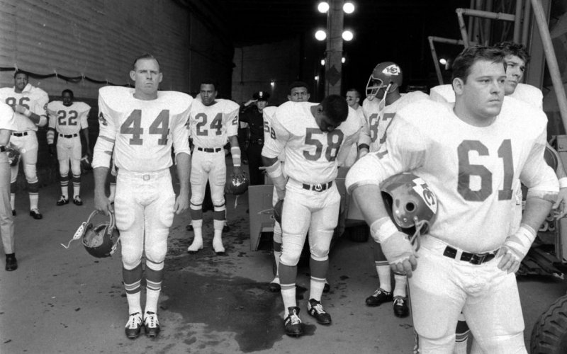 This photo, which appeared in a Life magazine issue in 1967, shows Andy Rice Sr. (58) standing with his Kansas City Chief teammates prior to the kickoff of the first American Football League-National Football League World Championship Game, now known as Super Bowl I. Rice, who played eight years in the NFL was honored Tuesday, Sept. 6 with Andy Rice Sr. Day.  Photo by Bill Ray/Life Pictures/Shutterstock