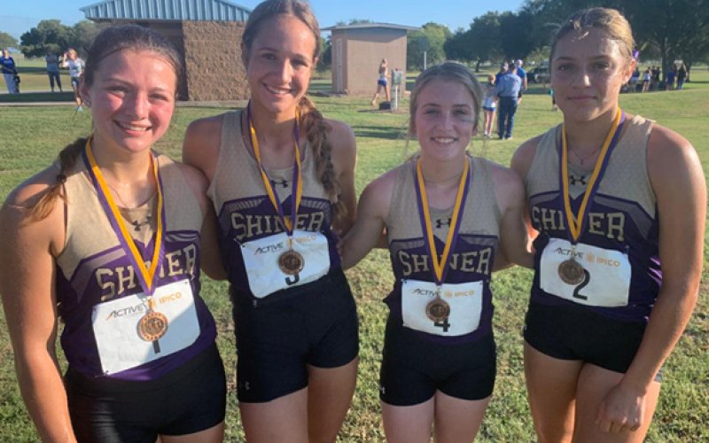 Shiner girls medalists. From left is Riley Rainosek, Erin Pustka, Hayleigh Burns and Brinley Ramirez. Photo courtesy of Michelle Winkenwerder.