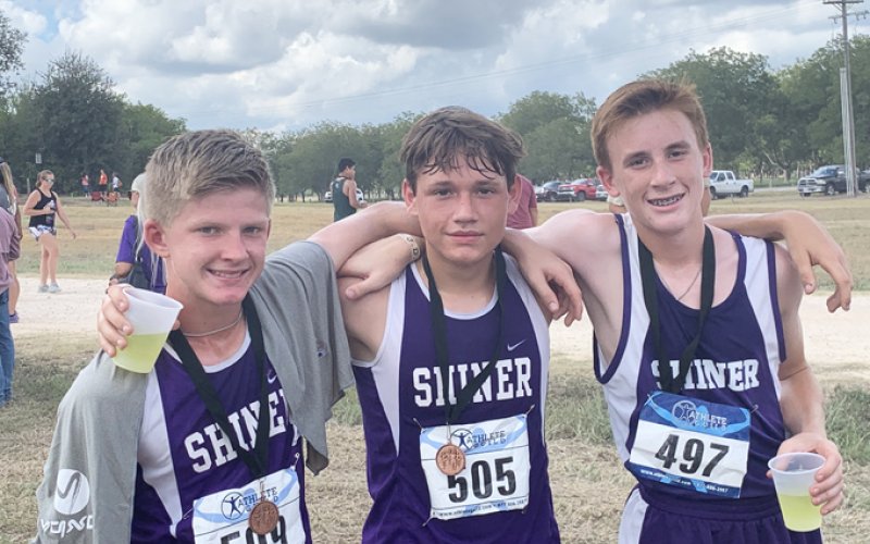 Shiner JH boys medalists, Brody Popp, Elijah Mesa, Landen Christensen. Photo courtesy of Michelle Winkenwerder.