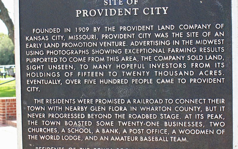 Pictured is the Texas Historical Commission marker that details the history of Provident City. Photo by Murray Montgomery
