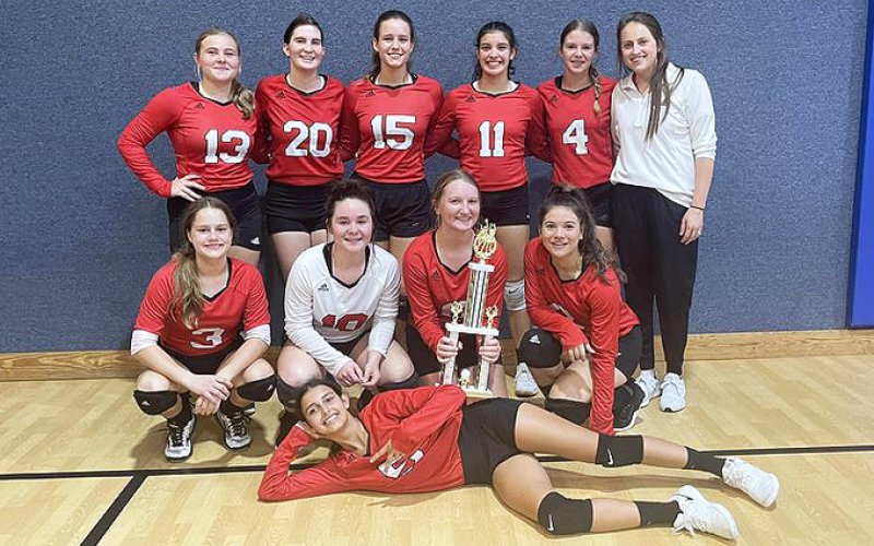 St. Paul JV, SM Hill Country  tournament champions. Front row, Nora Koch. Middle row from left is Karis Barta, Gracie Machart and Gabrielle Rodriguez. Top row from left is Jenna Stock, Emily Moeller, Jessica Fikac, Petra Koch, Kristin Cerny and coach Lenae Long. Photo courtesy of Emily Meischen.