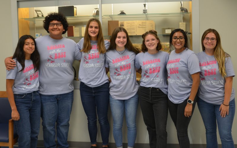 Abbie Galvan, Rafael Quilpas, Samantha Adamek, Leah Muenich, Cameron Williams, Anna Ramirez and Illana Garcia introduce themselves and the YHS Student Council projects to the YISD School Board Monday, Oct. 3. Photo by Hans Lammeman