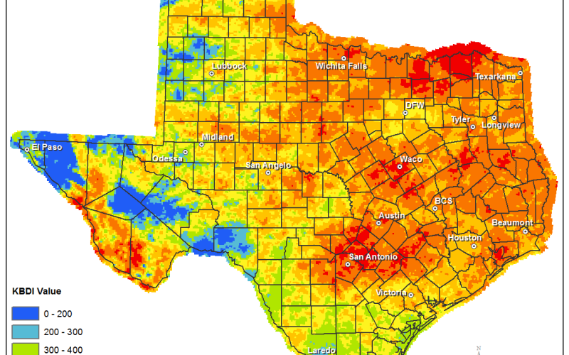 Keetch-Byram drought index as of Oct. 10. Produced by TAMU Spatial Sciences Laboratory in partnership with Texas A&amp;M Forest Service.  Courtesy photo.