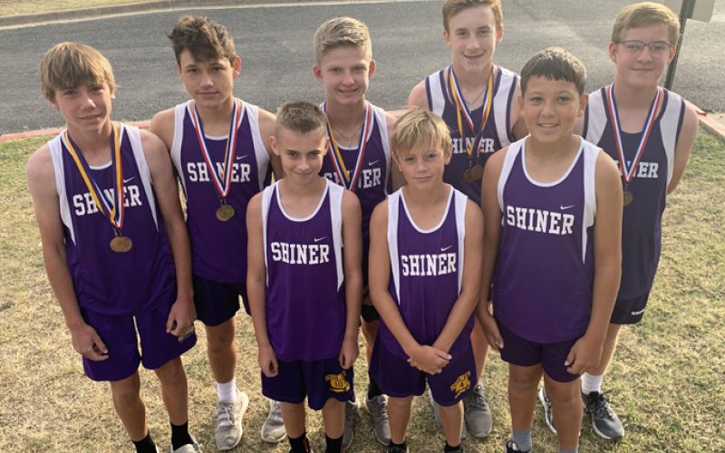 Shiner JH boys district champions.Front from left is Hudson Koncaba, Colby Nichols and Felix Nieto. Back from left is Caleb Cowan, Elijah Mesa, Brody Popp, Landen Christensen and Collin Wallace.Photo courtesy of Michelle Winkenwerder.