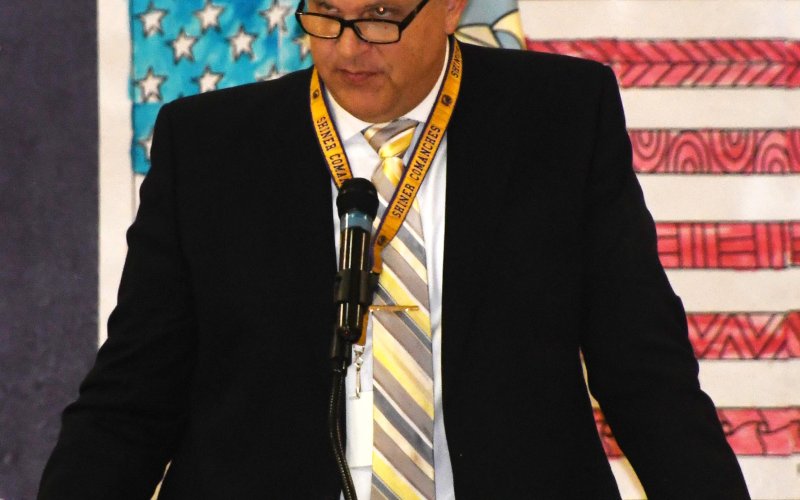 Shiner ISD Superintendent Alex Remschel makes some remarks to close out the ceremony.