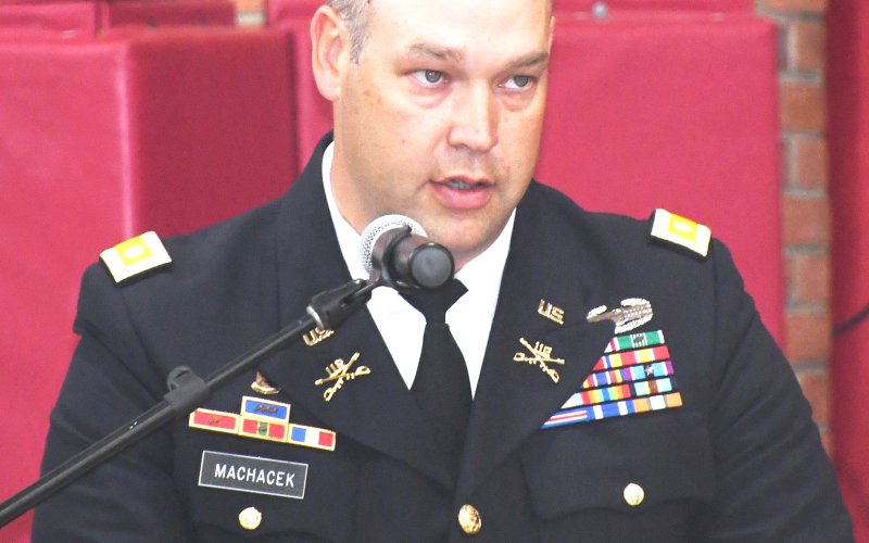 Guest speakers U.S. Army Major Matthew Machacek (graduate of St. Paul) talks about his experiences serving in the Army.