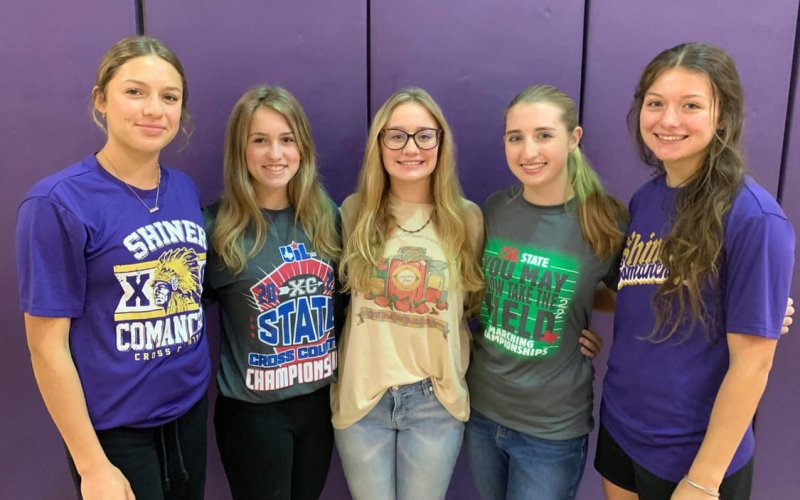 Lady Comanches cross country All-State and Academic All-State winners. From left is Brinley Ramirez, Hayleigh Burns, Molly Kollaus, Megan Winkenwerder and Riley Rainosek.