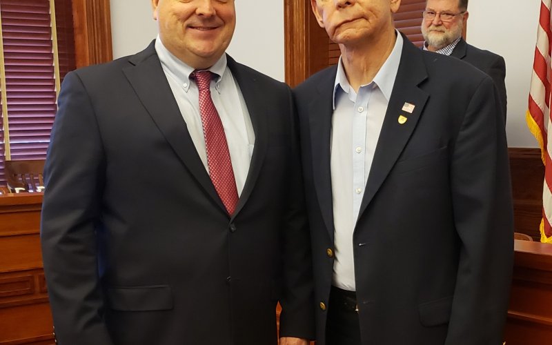 Both former Lavaca County Judges, Keith Mudd (just after accepting his Sunday, Jan. 1) and Ronnie Leck (who retired in 2021 as Shiner Police Chief, bringing a more 50-year-long career in public service to an end. As county judge, Leck led the historic remodeling efforts at the courthouse, and is one of the key reasons that building is such a showpiece today.