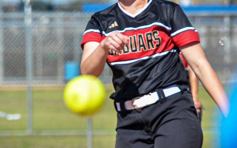 UHV pitcher and Shiner grad Cameron Cowan throws a pitch in Game 1 of a doubleheader against Schreiner University, a 9-0 win for the Jaguars softball team. Cowan pitched her first UHV no hitter. Photo courtesy of UHV Athletics.