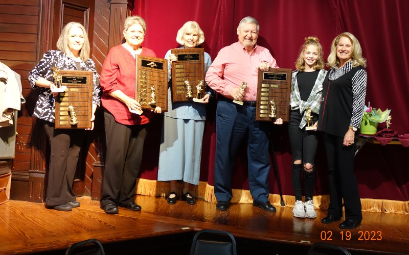 Pictured are, left to right, Rhonda Powell--Joe Patek Sr. Patron Award; Elaine Berkovsky--Lamplighter Backstage Award, Toni Rogers--Lamplighter Outfront Award, Bill Matthys—Sister Michele Award, Tatum Carson—Best Youth Debut Award; Josh Kaspar--award presenter.  Photo by Gene Cerny.