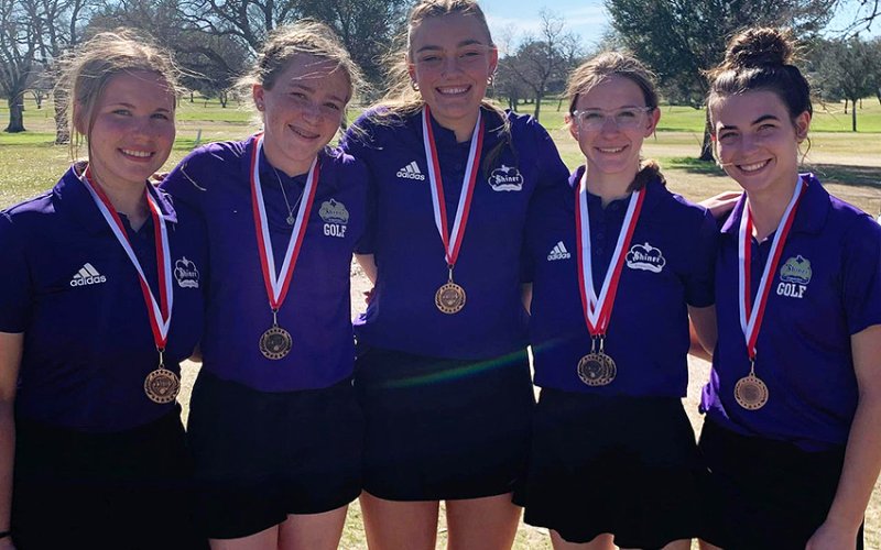 The Lady Comanches golf team placed third at the Columbus Tournament. From left is Bri Sofka, Callie Chrismon, Chelsea Whiddon, Grace Migl (third place) and Lauren Faldyn. Photo courtesy of Michelle Winkenwerder.