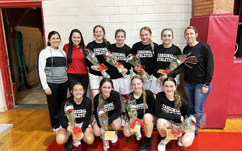 St. Ludmila Elementary Girls  basketball A Team. Top from left is coach Nicco Brown, coach Lenae Long, Addison Matias, Skylar Mozisek, Emery Kennedy, Frances Filip and coach Karli Rodriguez. Photo courtesy of Karli Rodriguez.