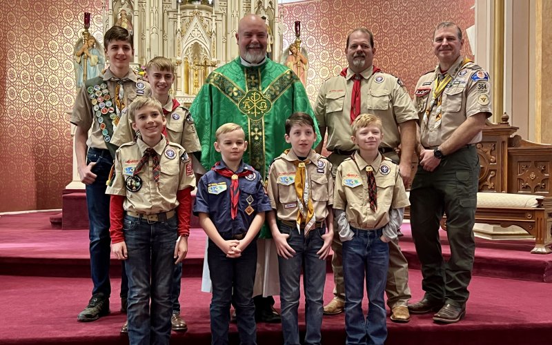 Pictured are, front row, left to right, Paul Filip, Andrew Machacek, Isaac Bonorden and Kolton Wilgus; back row, left to right, Noah Bonorden, Hudson Koncaba, Fr. Bryan Meyer, Patrick Klozik and Charles Bonorden.