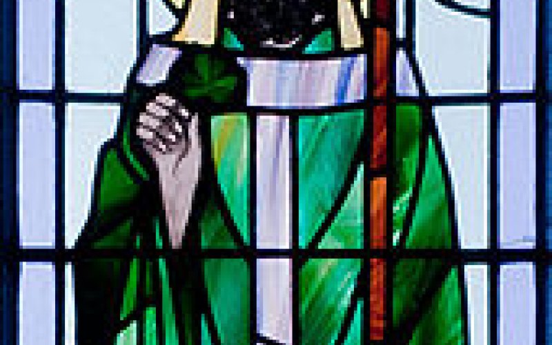 Another stained-glass portrait of St. Patrick from church with SDt. Benin's Catholic Church in Kilbennan, Ireland, a country that calls St. Patrick its patron saint, even though he was never formally canonized.