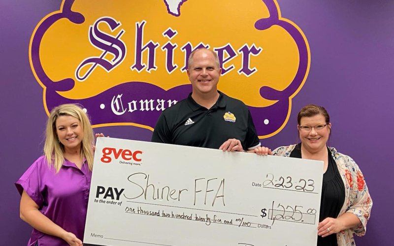 GVEC made a generous donation to the Shiner FFA Stock Show.Pictured are, left to right, Amberly Moye, Superindentent Alex Remschel and Christine Presley.