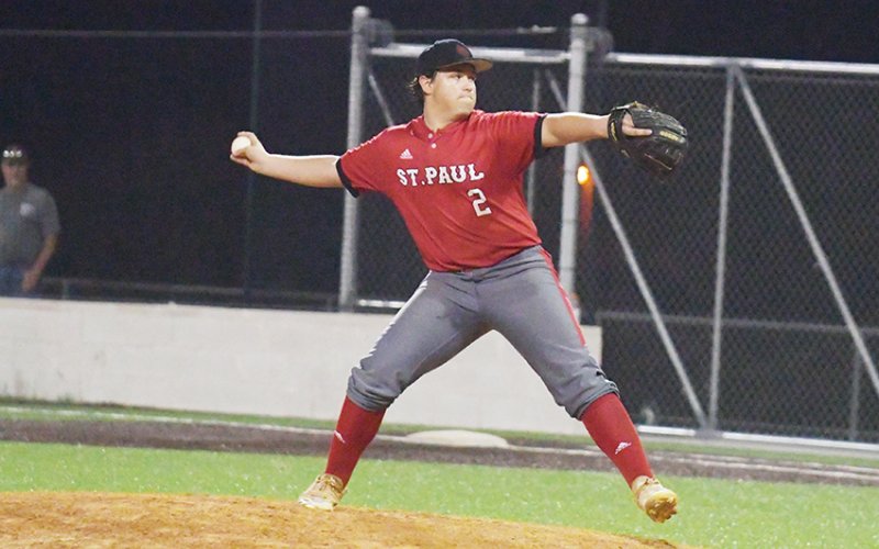 Jackson Ulcak threw a complete game three-hitter in SP’s 6-1 victory over SH last night. Ulcak struck out 12, walked two and hit a batter. He retired 14 of the final batters he faced.Photo by Chuck Grafe/Hallettsville Tribune-Herald.